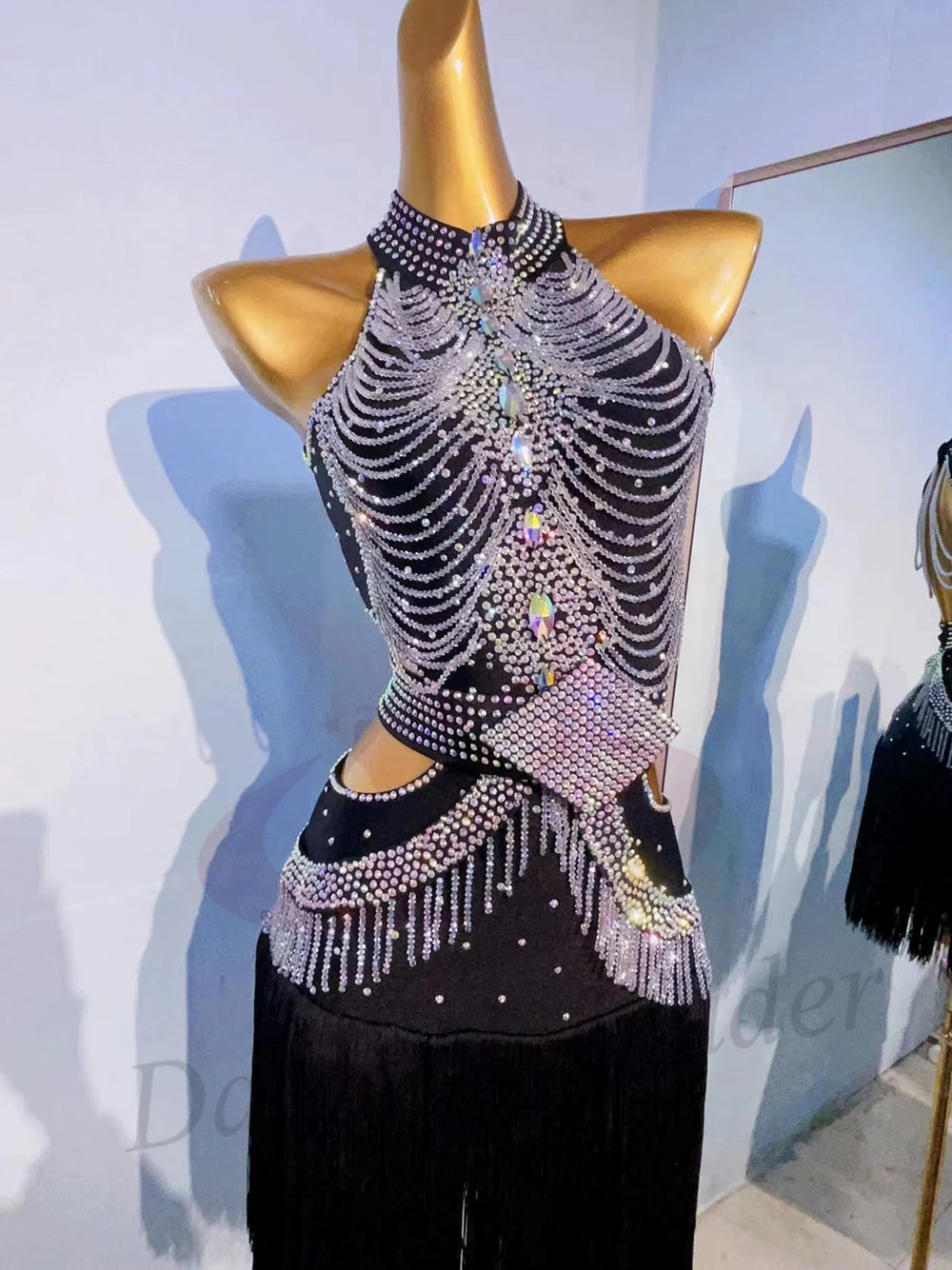 Traje de dança latina ab pedra feminino adulto crianças high-end personalizado volta pérola corrente preto piscina samba vestido