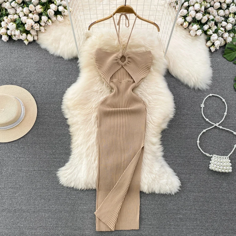 New Sexy Halter Summer Dresses Women Solid Knitting Bodycon Off Shouler Korean Vintage Vestidos Hollow Out Stretch Robe Femme