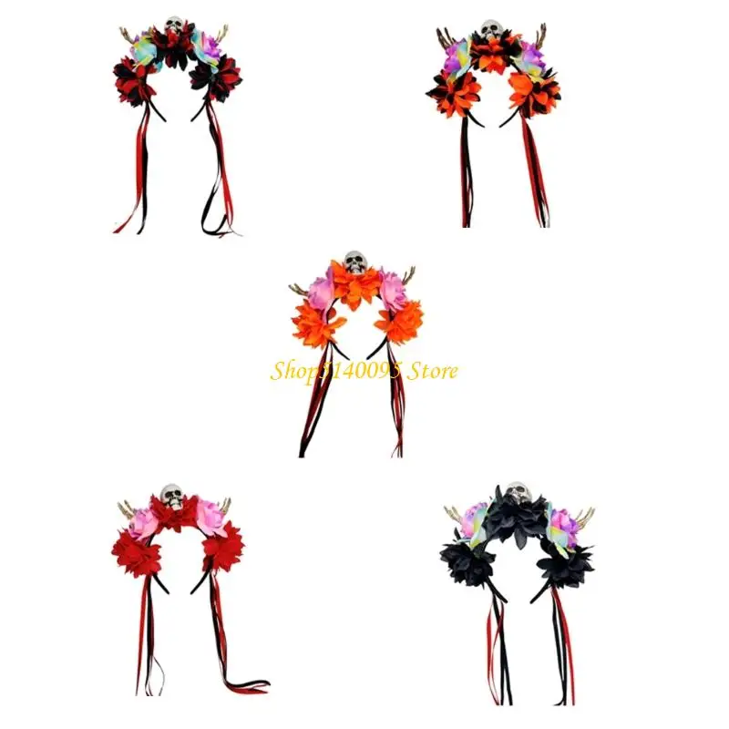 DXAE Băng đô đầu lâu có thể điều chỉnh dành cho người lớn Trẻ Trang phục Halloween Hoa đầu lâu tay kiểu dáng