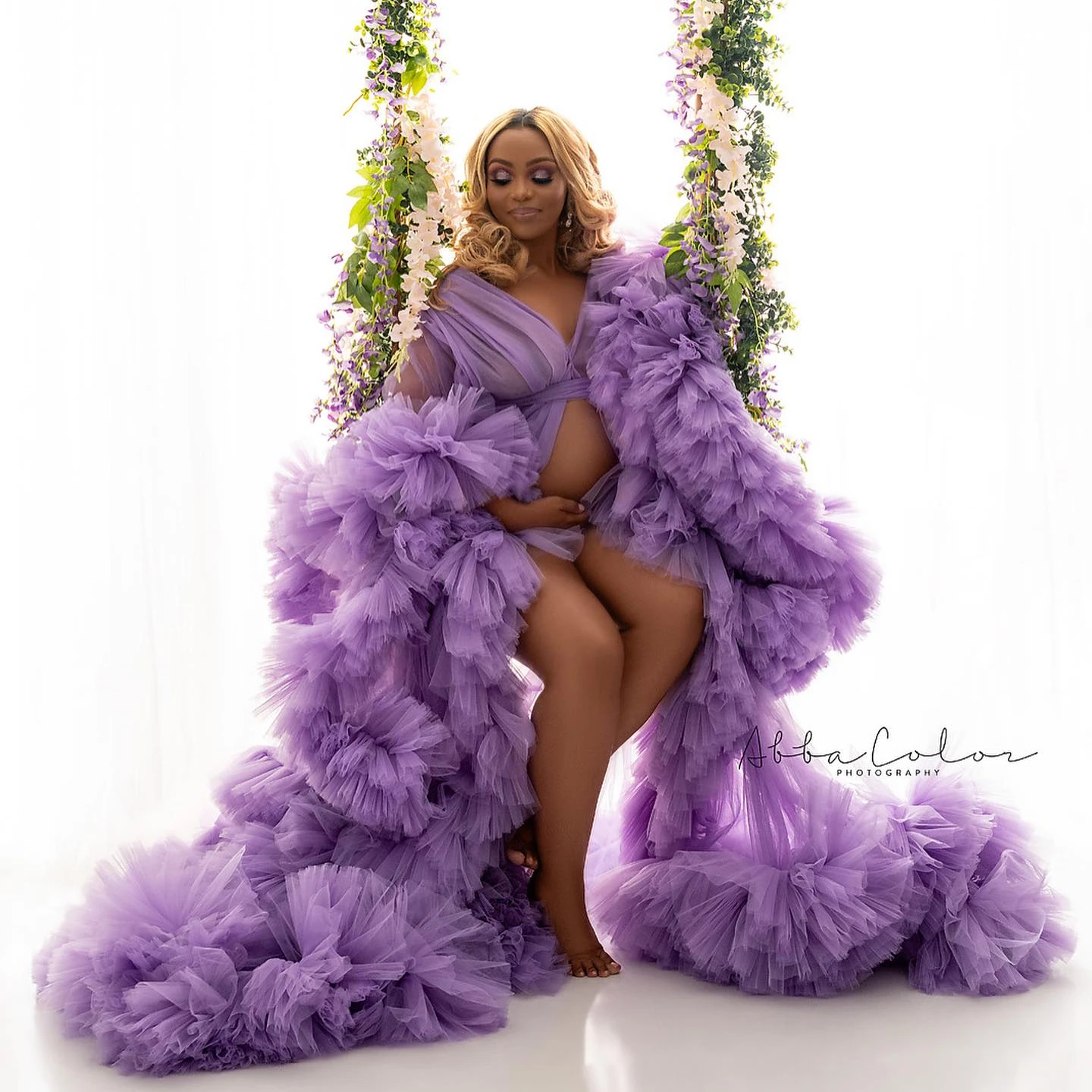 

Extra Puffy Purple Maternity Robes for Photo Shoot A Line Long Sleeve Pregnant Women Dresses Tiered Ruffles Baby Shower Gowns