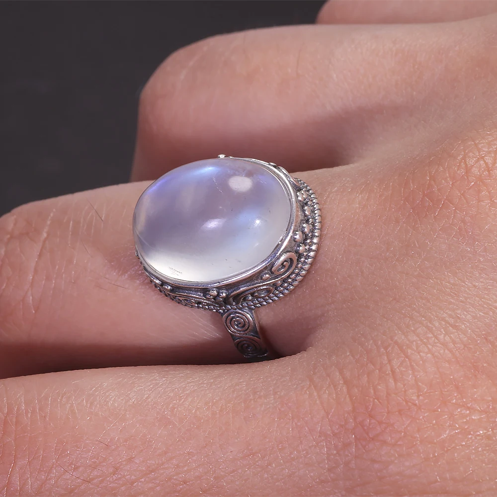 Stamped 925 Sterling Silver Moonstone Ring for Women 12*16mm Oval-Shaped Natural Gemstone Carved Flower Adjustable Vintage Ring