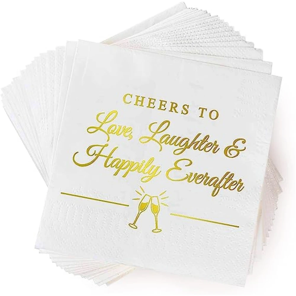 

Custom Wedding Cocktail Napkins, Cheers to Love, Laughter & Happily Ever After, Bridal Shower, Engagement Party Napkins, 50Pcs