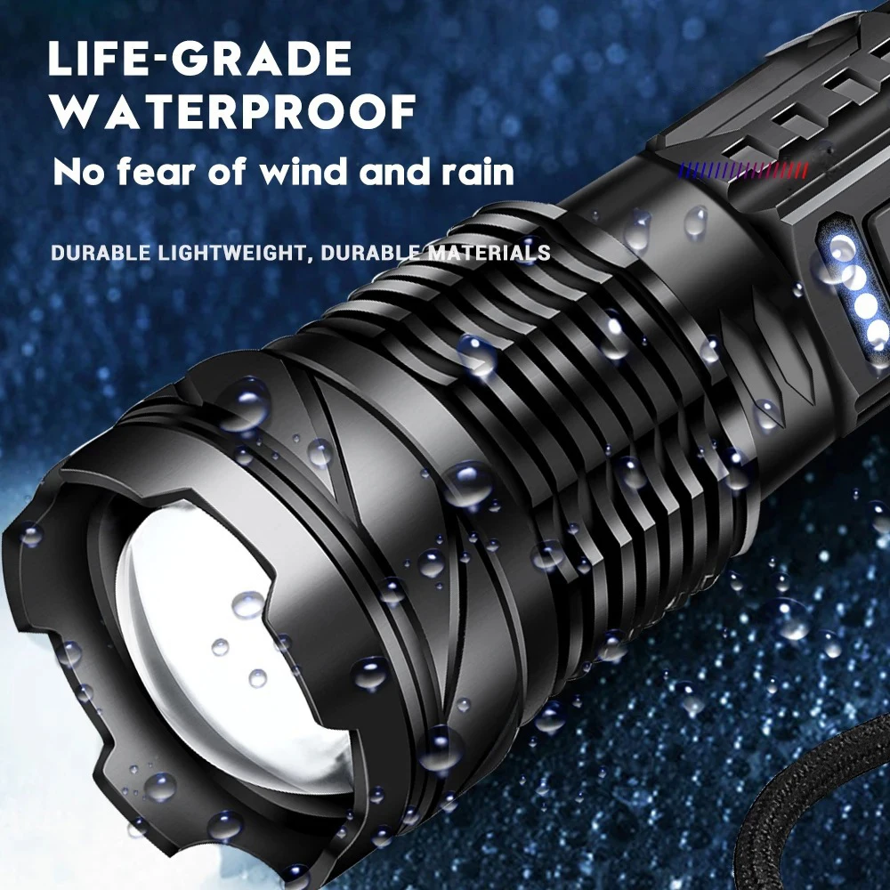 High Strong Power IPX4 Led Self-Protection Flashlights Tactical Torch with Display Light USB  Emergency Zoom Lantern