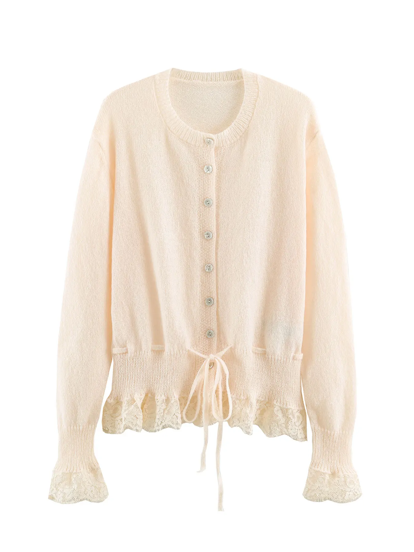 HH Women Elegant Solid Knit Cardigan Coat Front Drawstring Waist Lace Hem Long Sleeve O Neck Buttons Sweater Autumn Casual Tops