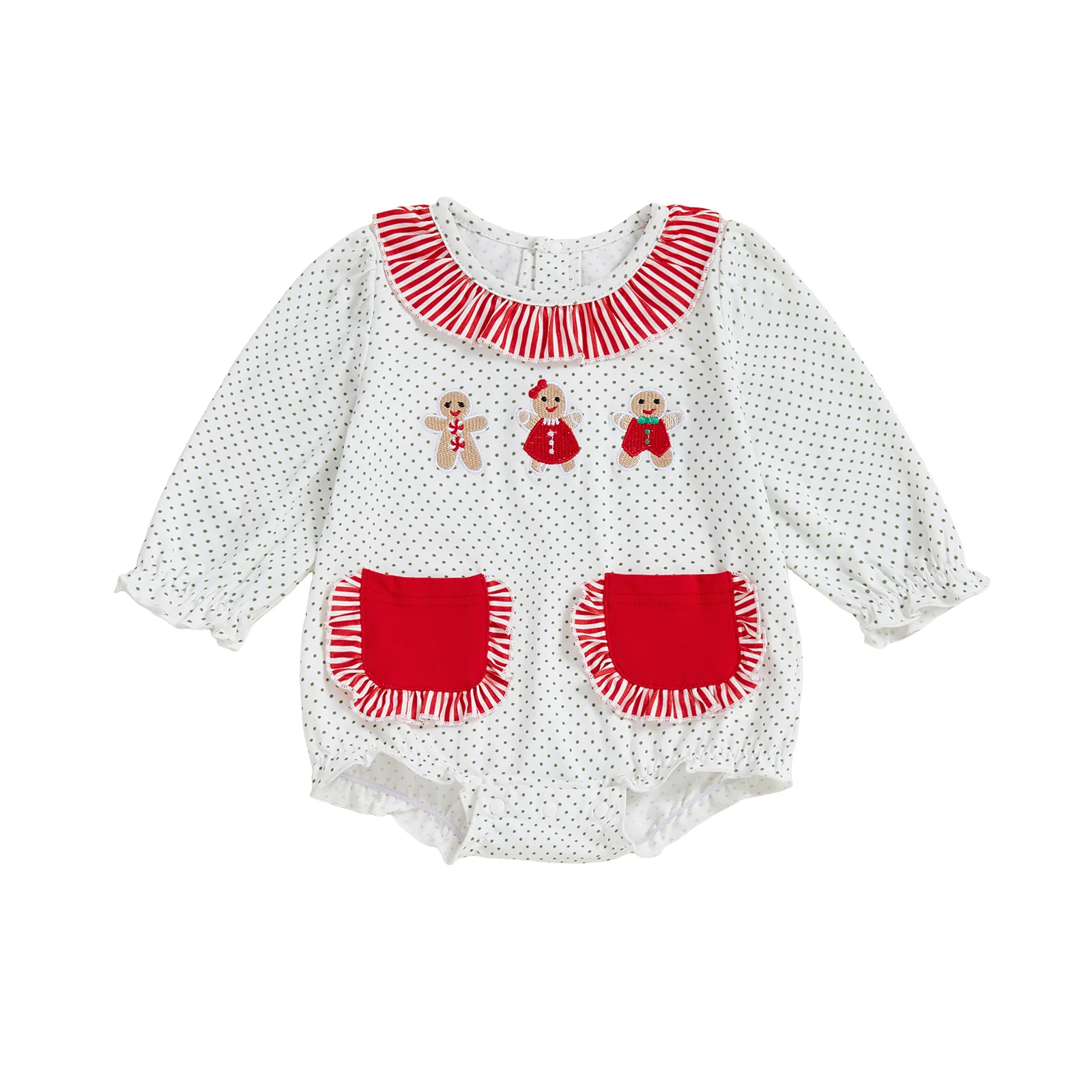 

Baby Girls Christmas Romper Long Sleeve Crew Neck Dots Embroidery Gingerbread Man Bodysuit Clothes for Casual Daily
