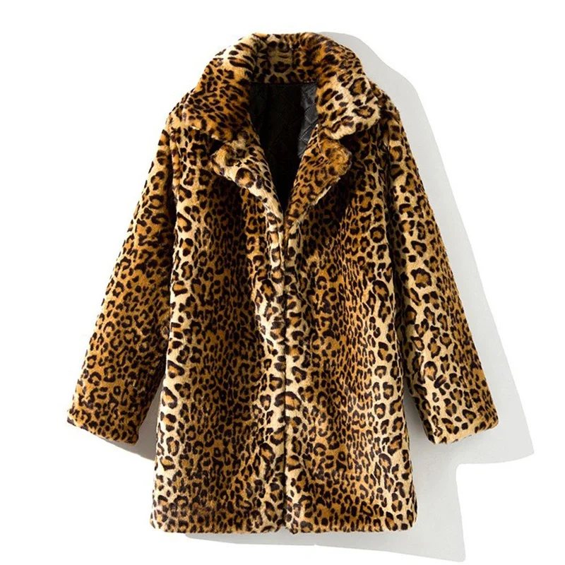 Leopard Faux Fur Jacket Women Coats Notched Collar Streetwear Vintage Casual Loose Coat Fashion Autumn Winter Overcoat L60