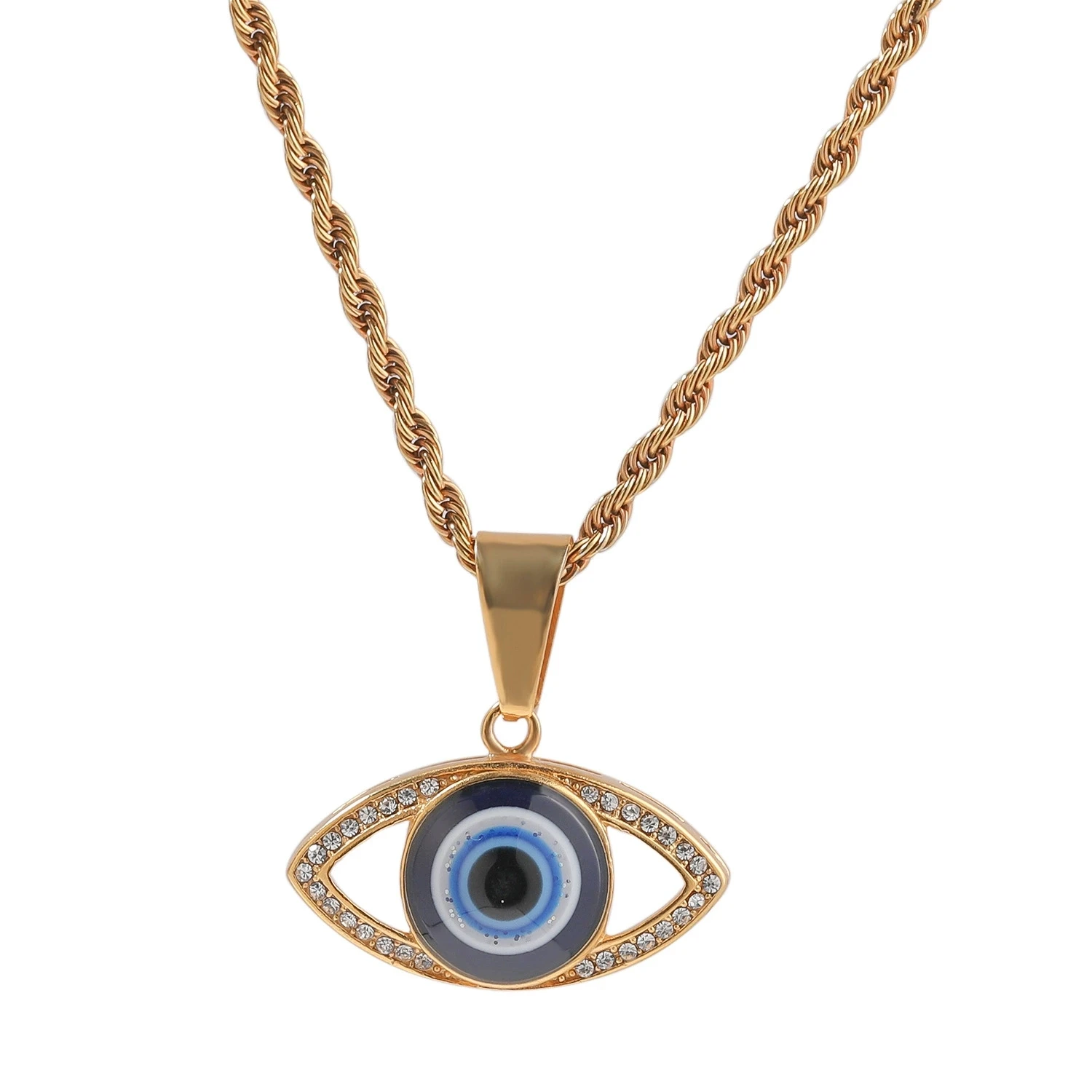 Turkish Blue Eyes Iced Out Bling Eye Devil Pendant Necklace Mirco Pave Prong Setting Rock Rapper Fashion Hip Hop Jewelry BP331