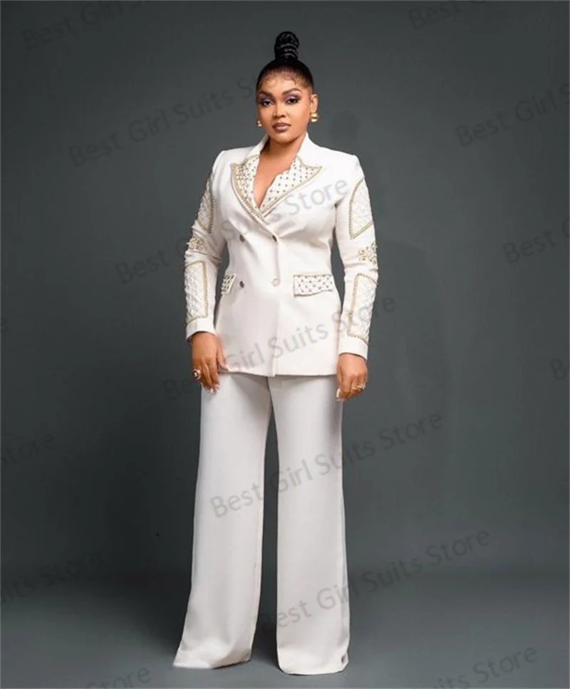 Traje de 2 piezas con perlas de diseñador para mujer, Blazer + Pantalones con apliques de encaje, chaqueta Formal OL de negocios, vestido de graduación para invitados de madre, hecho a medida