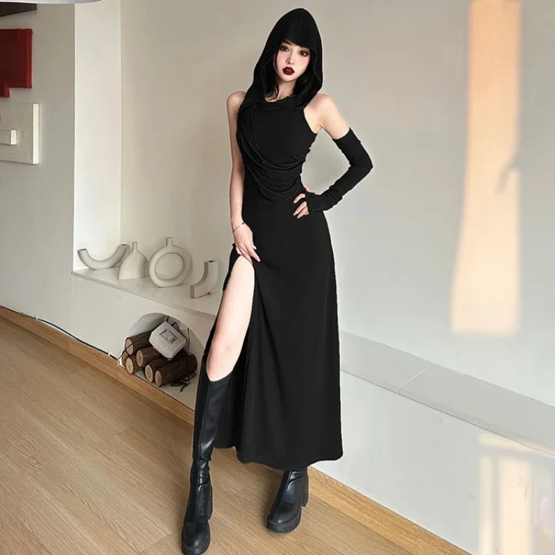 Hooded Slim Long Dresses Women Chic Gothic Greek Style Leisure Defined Folds Sexy Sleeveless Designer Summer Side-slit Irregular