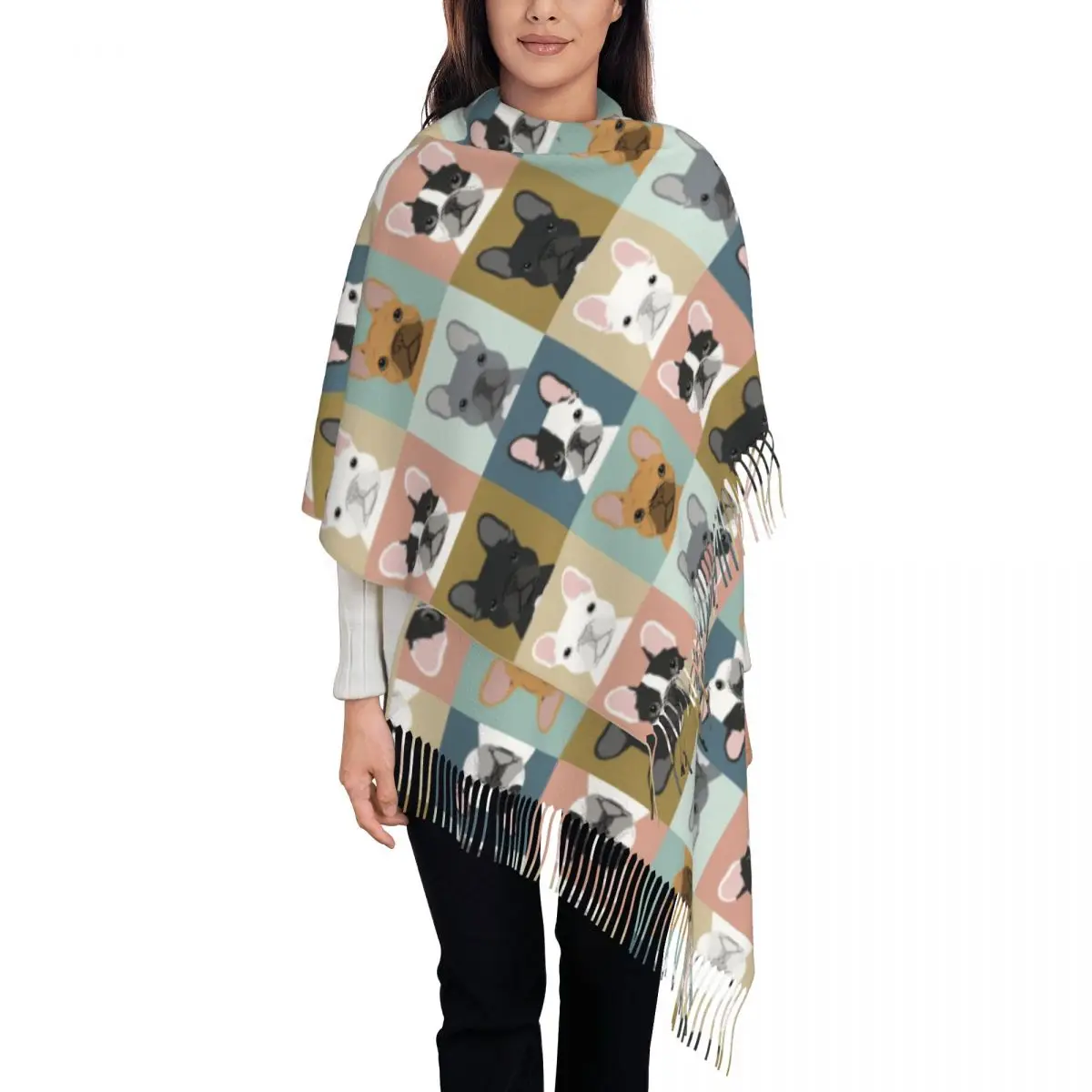 Custom French Bulldog Portraits Pattern Scarf Wrap for Women Long Winter Warm Tassel Shawl Unisex Frenchie Dog Lover Scarves