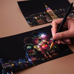 4PCS Postcard Night Scene Colorful Scratch Art Cool And Colorful Scratch Art With Bamboo Sticks,Landscape Architecture Clip Art