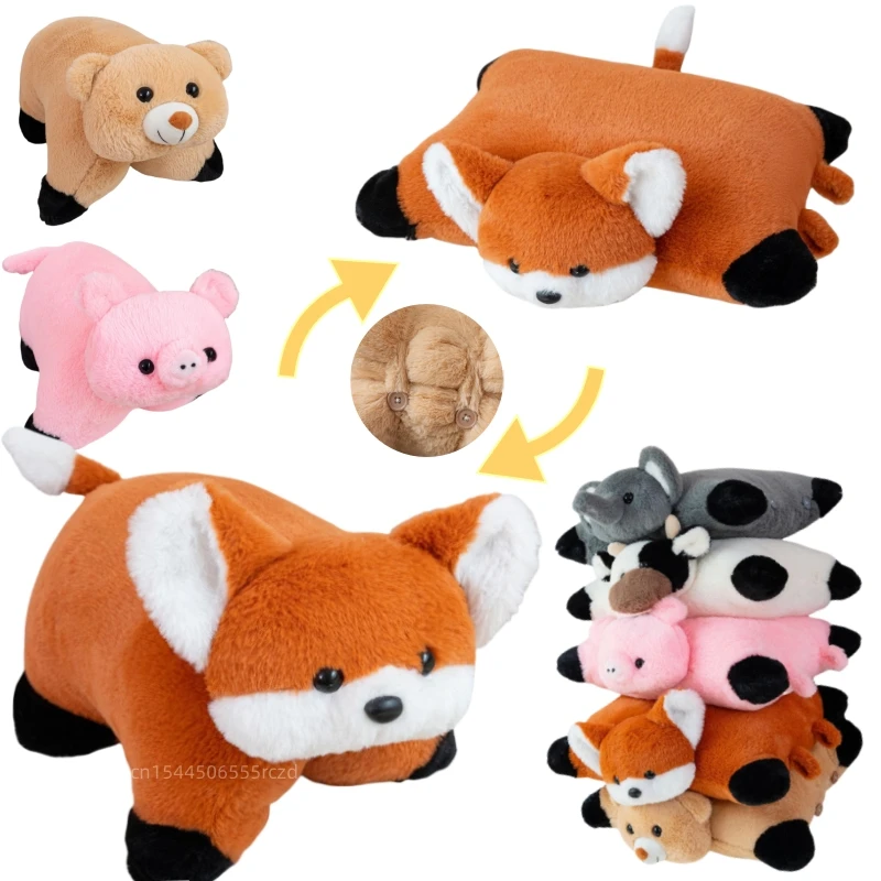 

40cm Cute Creative Animal Fox Plush Doll Pillow 2-in-1 Cushion Pig Cow Bear Elephant Plush Toy Home Decoration Gift For Children