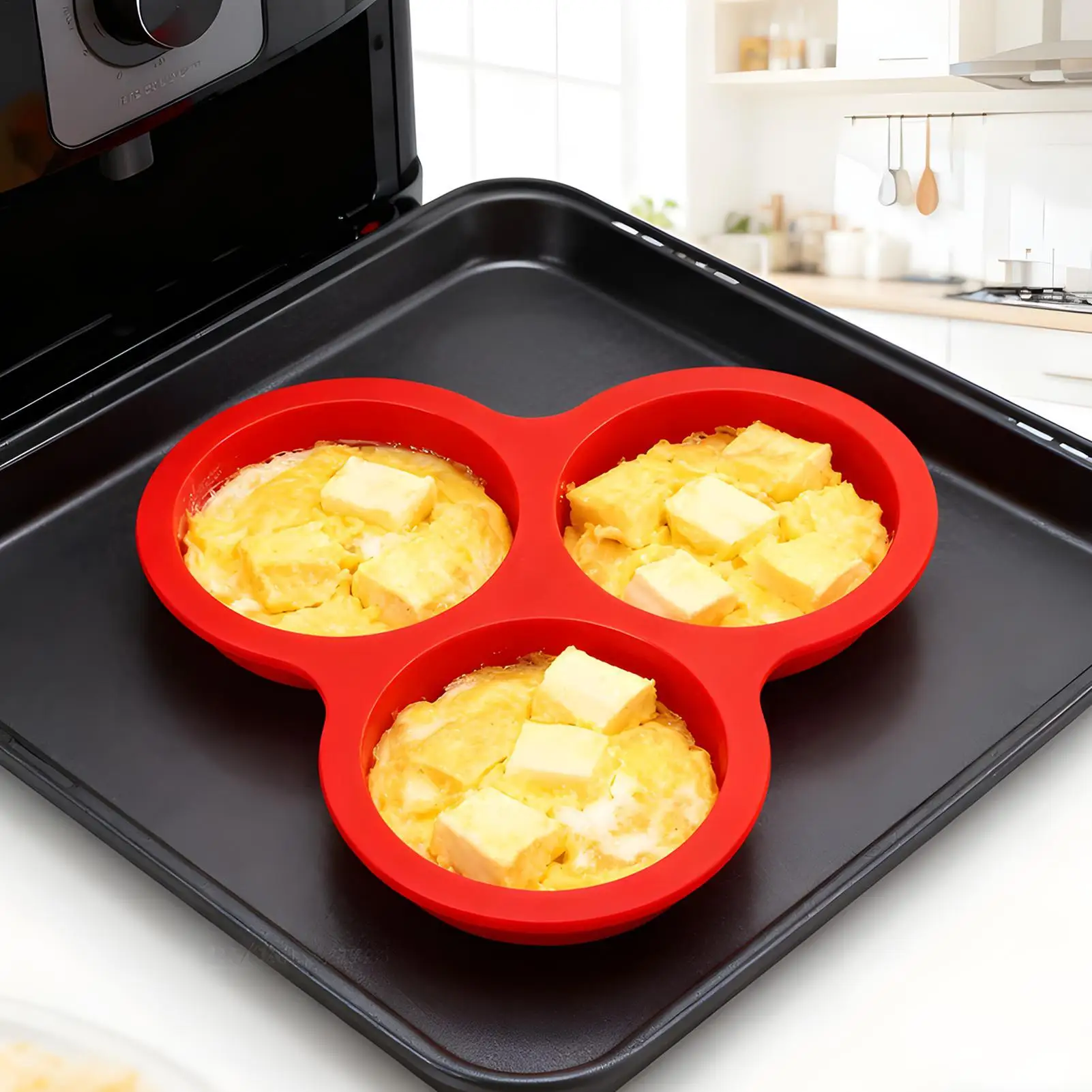 Eierpfanne für Luftfritteusen, runde Eierablage mit 3 Mulden, Silikon-Luftfritteusenbecher für kleine Kuchen, Puddings, Hamburger, Frühstück, Sandwich-Patty
