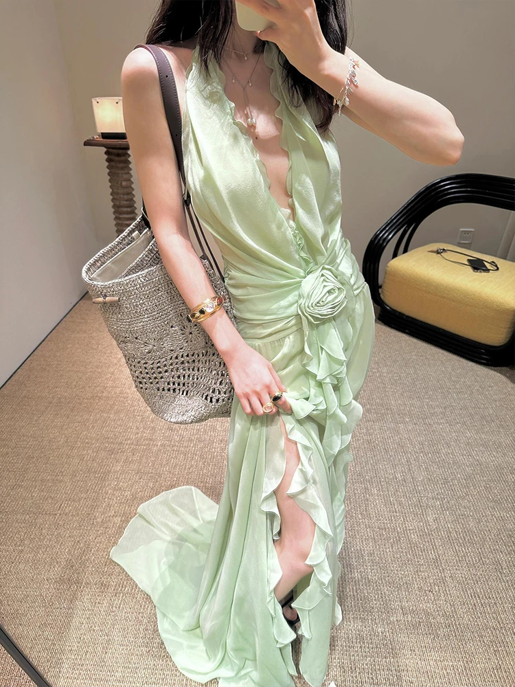 

Clothland Women Sexy Green Ruffled Irregular Dress Halter V Neck Backless Sleeveless High Split Beach Holiday Long Dresses QE158