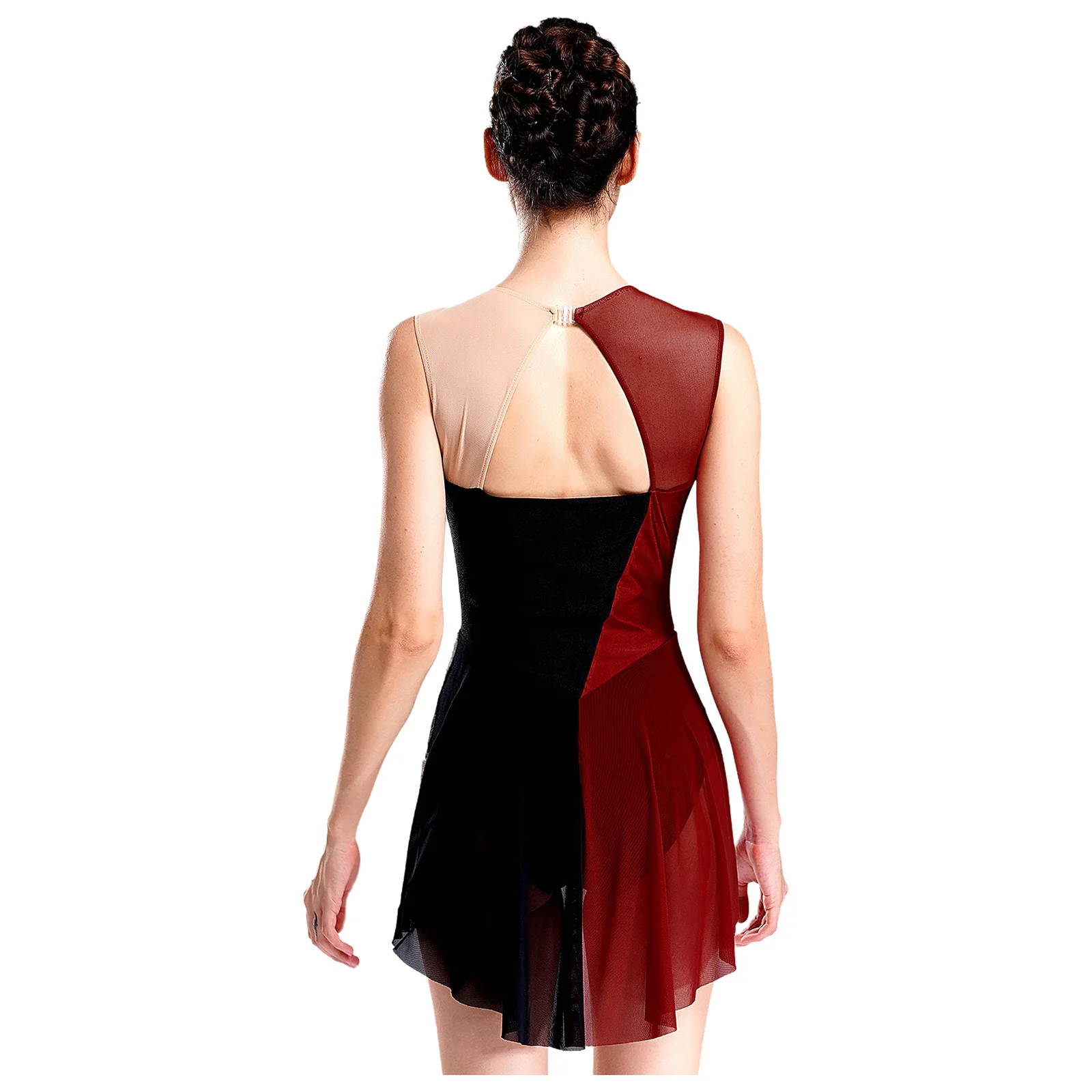 Damen Eiskunstlauf Tanz Trikot funkelnden Strass Ballett Gymnastik Bodysuit ärmellose Ausschnitt zurück Mesh Rocked Unitard