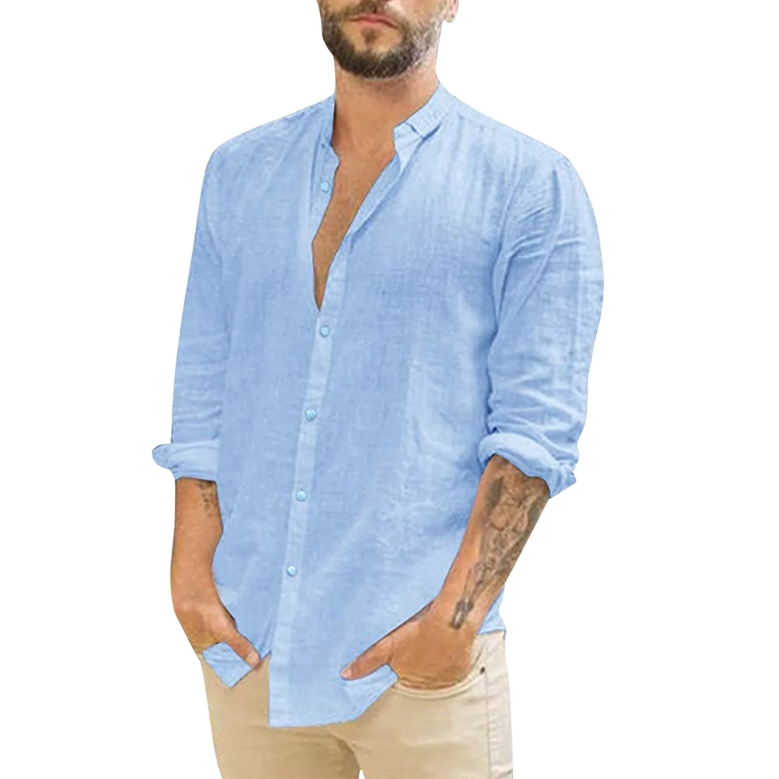 

Cotton And Linen Men's Shirts Summer Solid Color Turndown Collar Long-Sleeved Casual Tops Beach Style Plus Size Loose Shirt