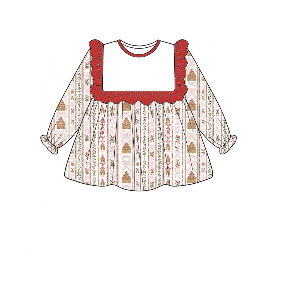 Boutique Children's Christmas Dress Long-Sleeved Lapel Ruffle Print Wholesale New Collection