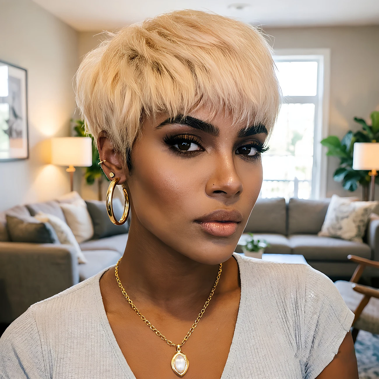 613 Blonde Human Hair Wig with Bangs Layered Short Pixie Cut Machine Made Wig Natural Looking For Women