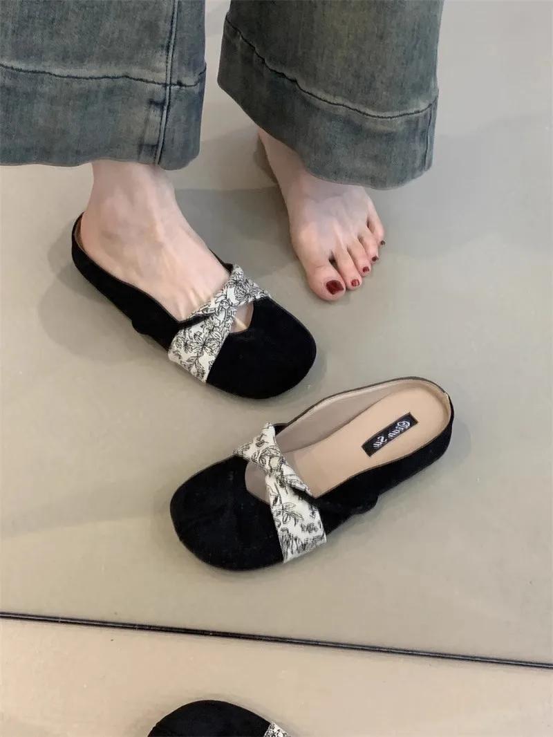 

IPPEUM Mules Shoes Round Toe 2025 Summer Ballet Flats Velvet Women Flat Shoes