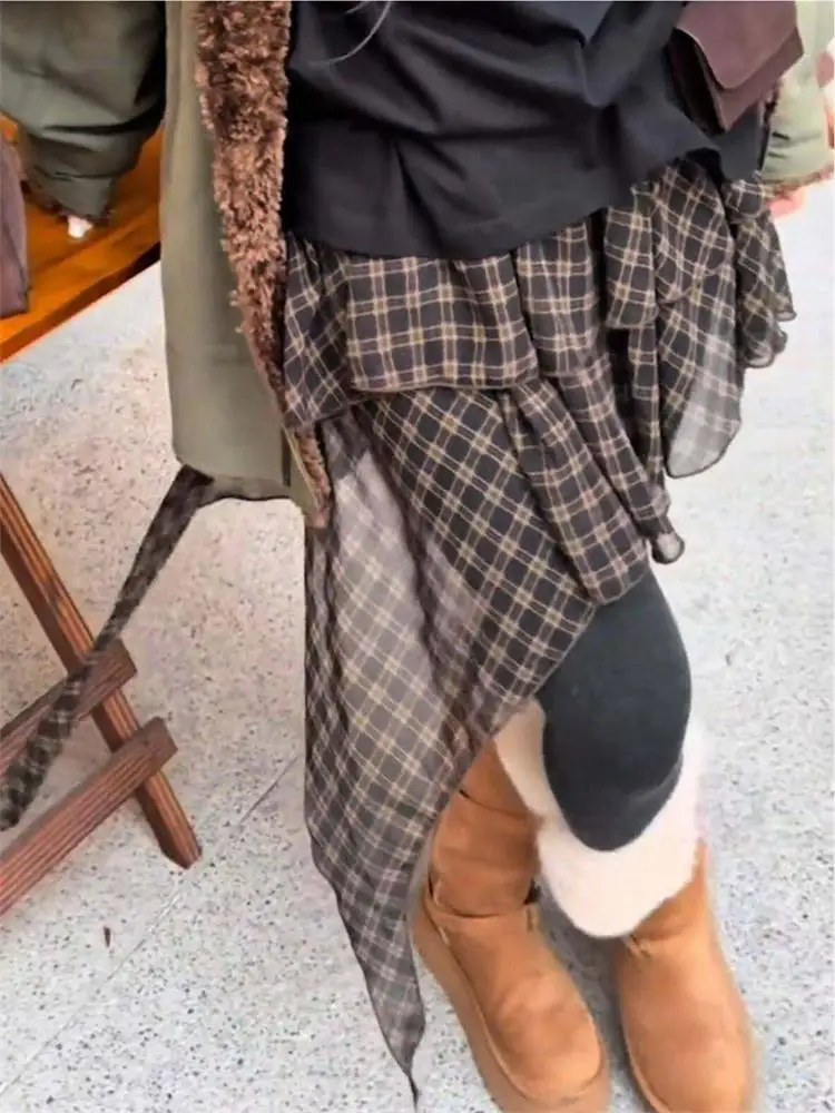 

Коричневая клетчатая юбка с асимметричным подолом, облегающая талию, в стиле ретро, с запахом, с высокой талией, для женщин