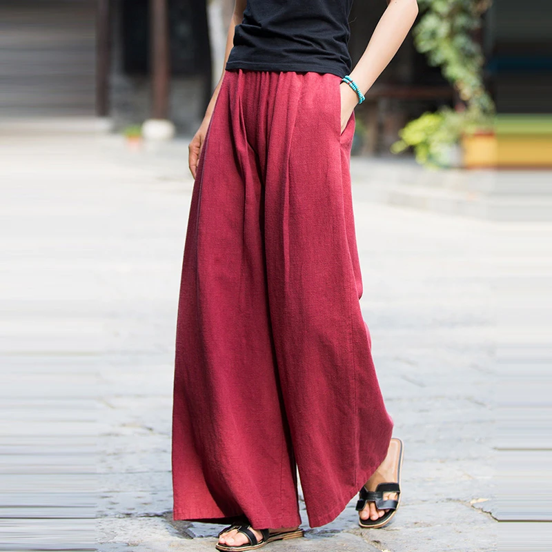 

High Quality Cotton Linen Wide Leg Pants Women New 2025 Spring Vintage Style Solid Color Loose Female Casual Trousers T536