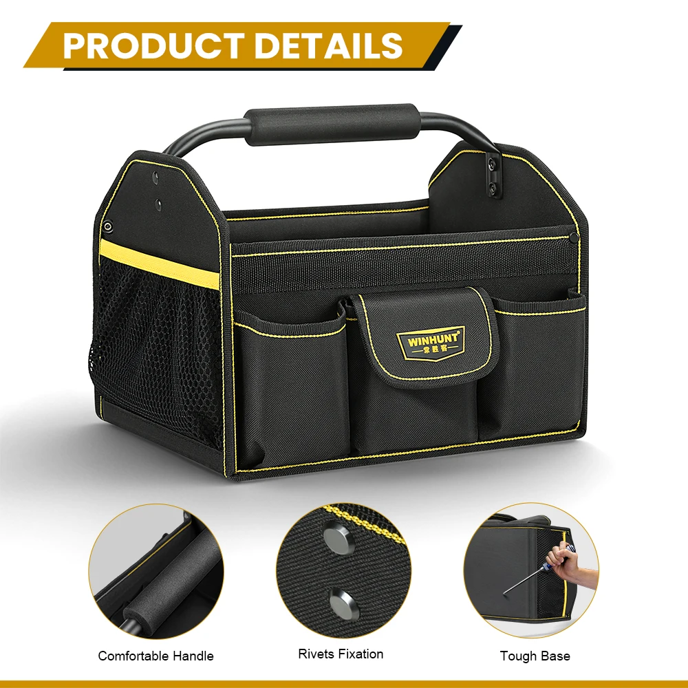 حقيبة يد WINHUNT، حقيبة أدوات واسعة الفم مكونة من 10 جيوب، صندوق أدوات كهربائي عالي التحمل من الفولاذ الأنبوبي لتنظيم الأدوات والتخزين