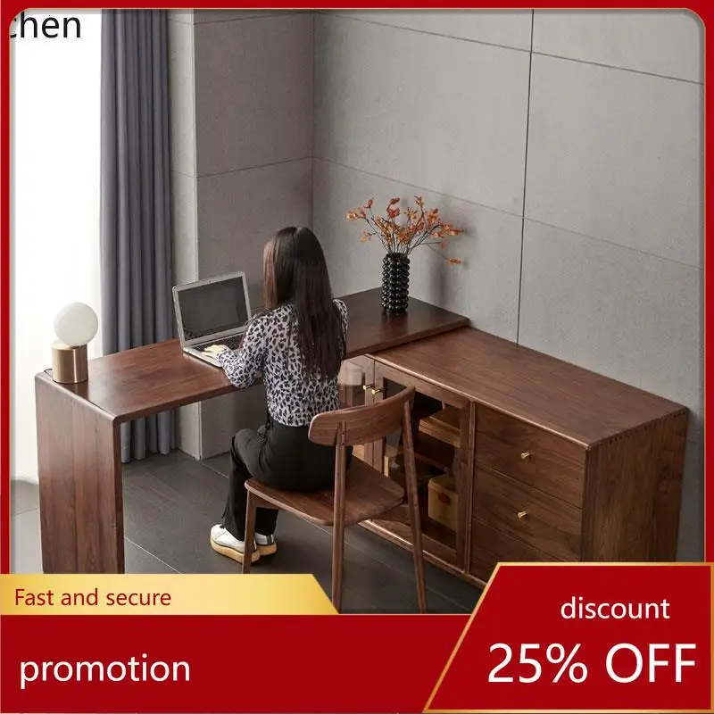 HXL Black Walnut Pure Solid Wood Telescopic Corner Combination Office Desk Bookcase