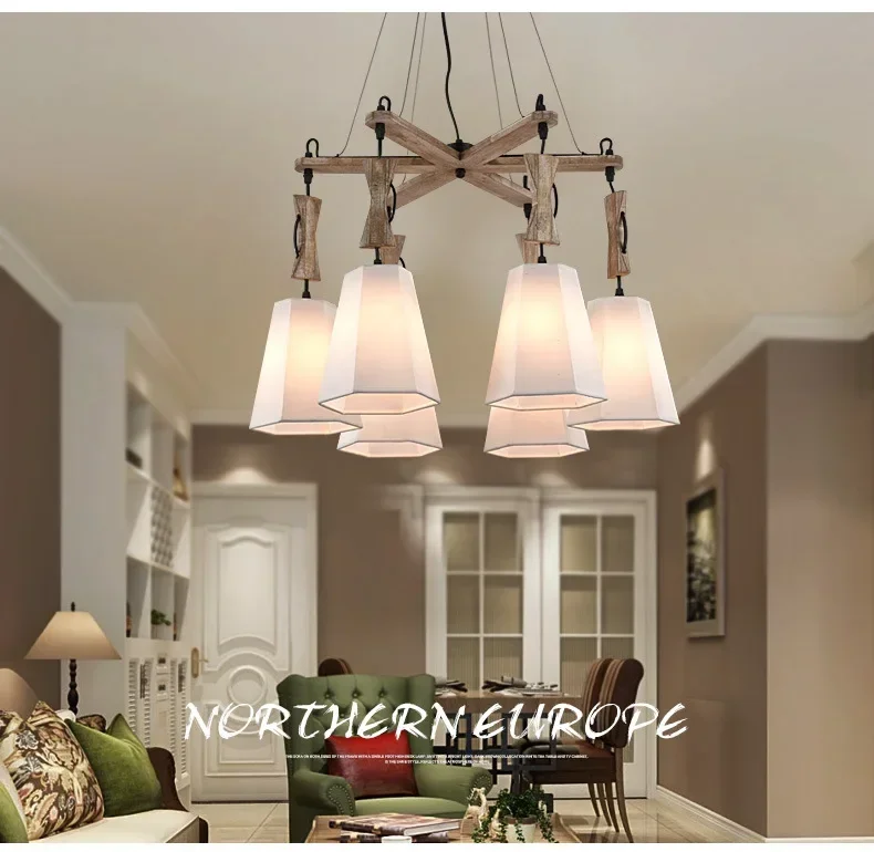 

Rural dining room lightAmerican bedroom simple wood chandelier atmospheric personality retro rural fabric living room Chandelie