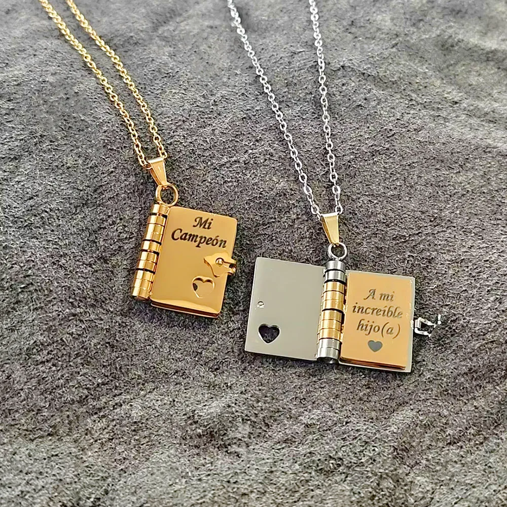 Collier pendentif livre ouvrable en acier inoxydable « Mi Campeón Son » espagnol pour fille, petite-fille, mère, garçon – Cadeau