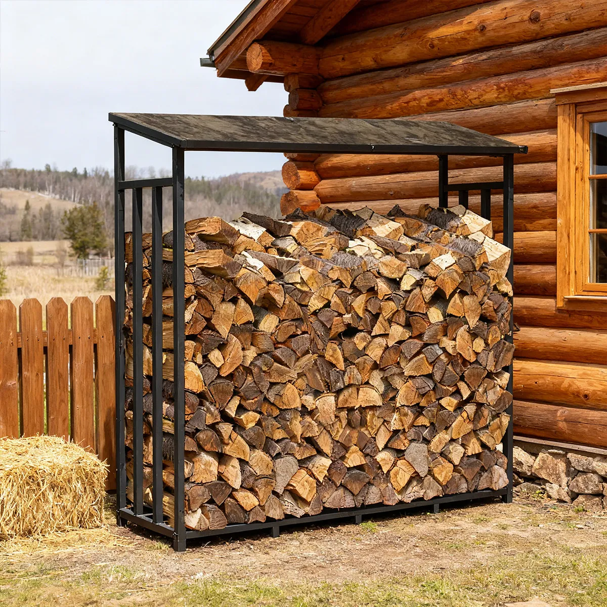 Simple outdoor with canopy, black wrought iron firewood rack, large firewood storage rack, fireplace firewood storage