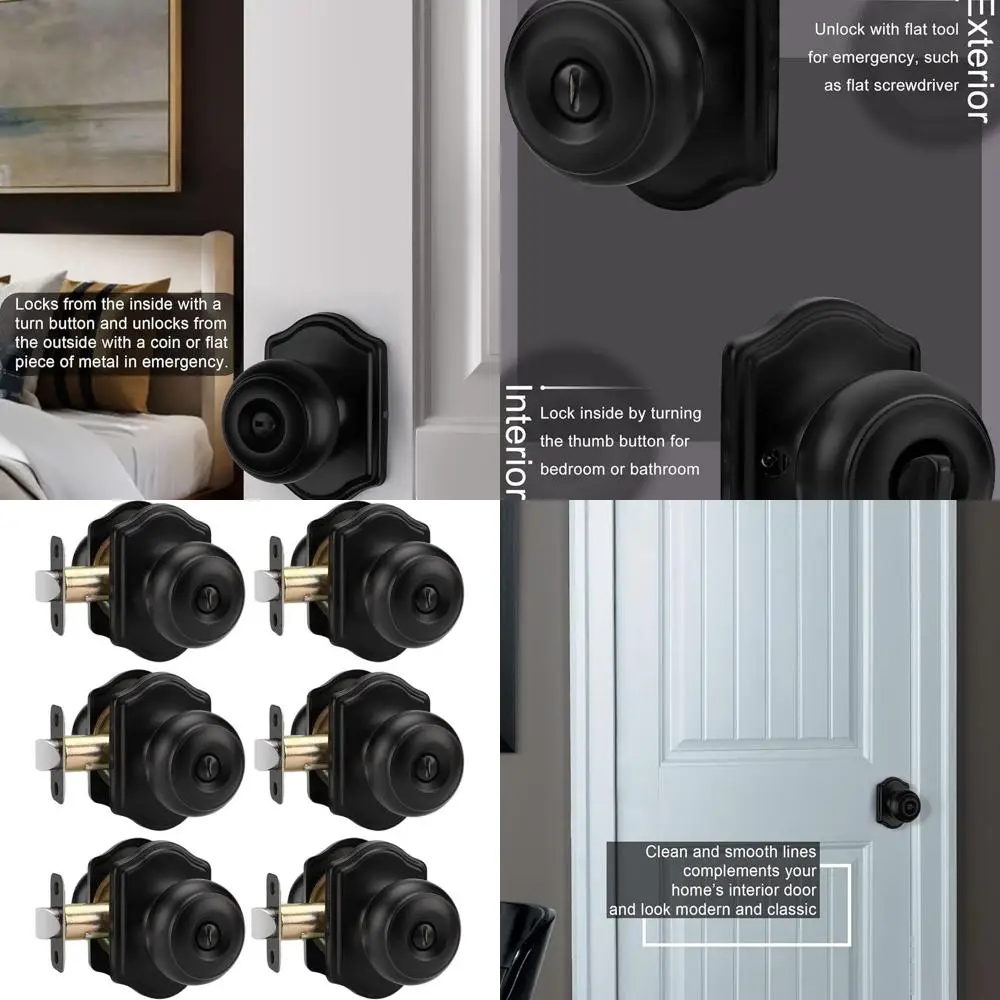 6-Pack Classic Black Door Knobs for Interior, Suitable for Bedroom and Bathroom Doors