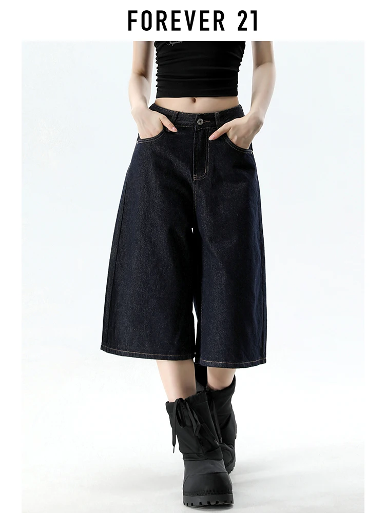 Calça Jeans Feminina Forever 21 Estilo Americano Solta de Perna Larga Azul Denim Nova Coleção Verão Calça Capri Casual com Ef...