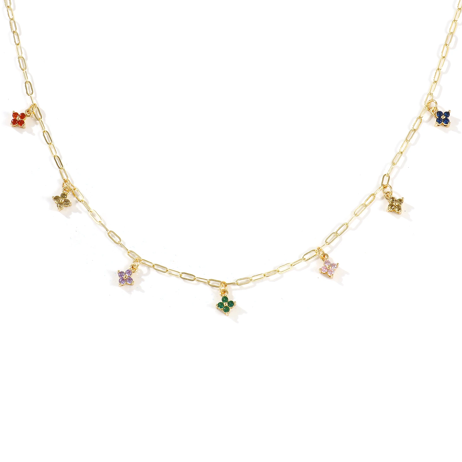 1pc Brass Flower Pendant Necklace Gold Plated Paperclip Link Chain Multicolour Cubic Zirconia Sweet Pendant Women Necklace 45cm