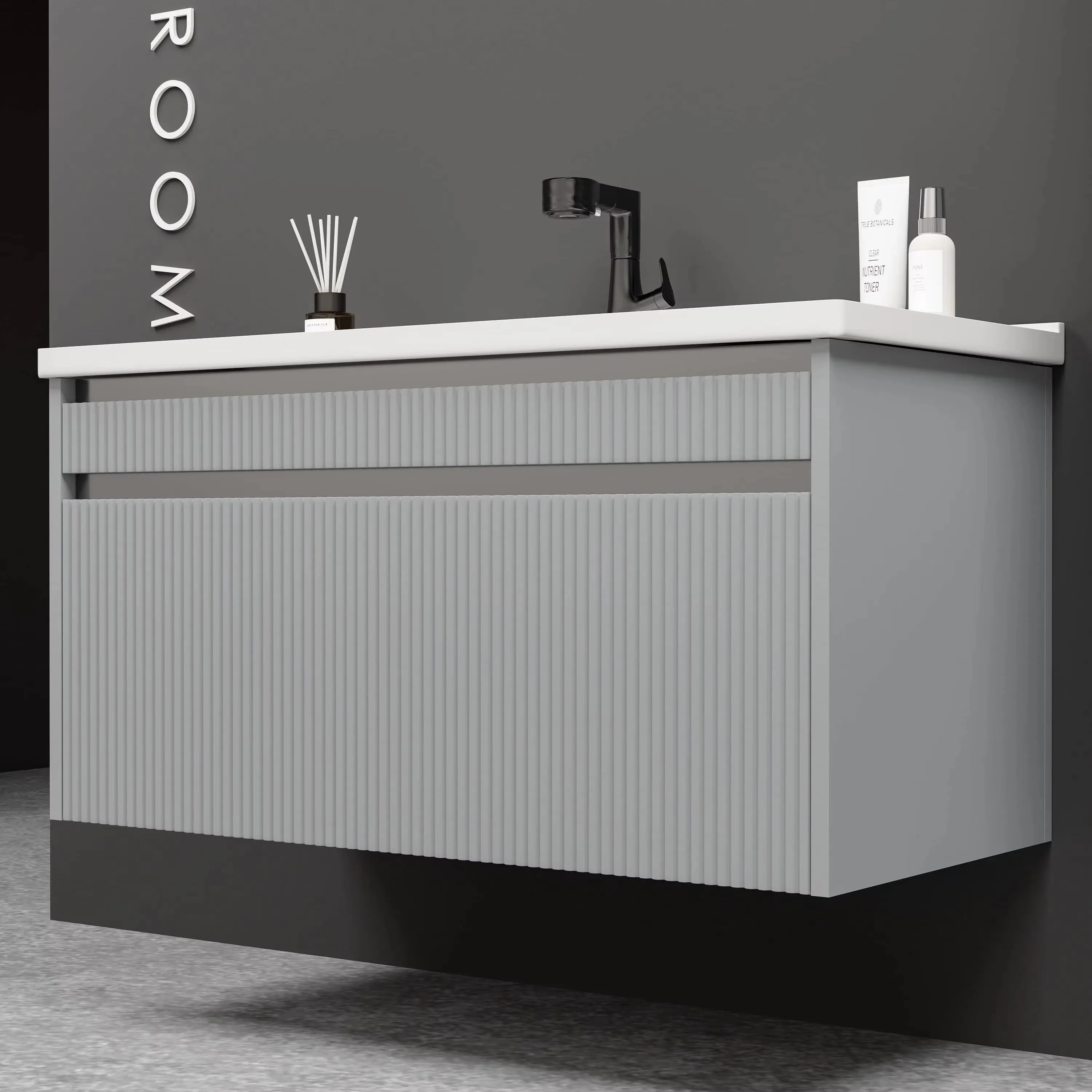 ￥#Modern Grey Color High Quality Eco-Friendly Hotel Use Wall-Mounted Ceramic Wash Basin Bathroom Cabinet LED Smart Mirror Vanity