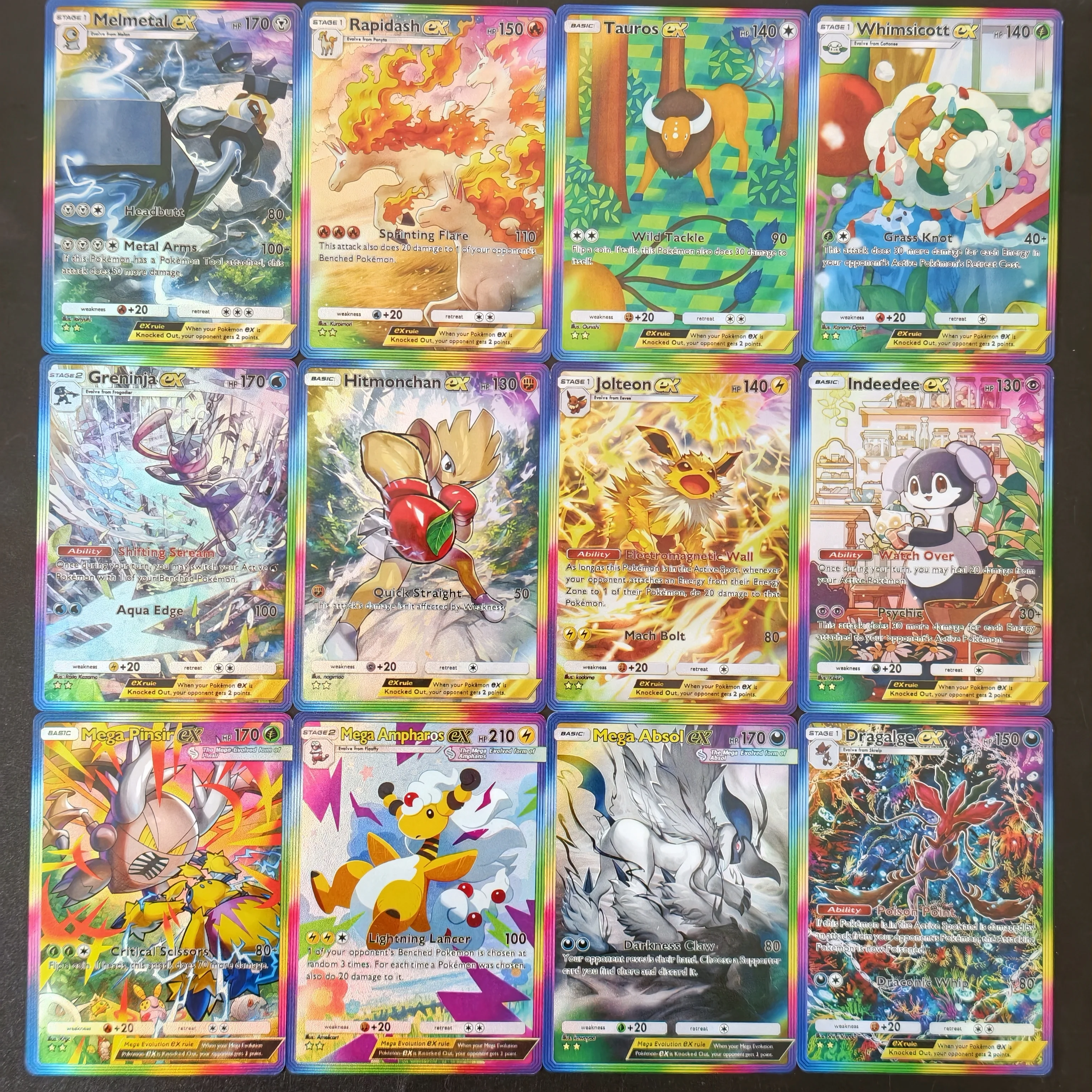 12PCS/DIY TCG Pocket Collection Card PKM Mega Ampharos Ex Greninja Jolteon Absol Rapidash Rainbow Gradient Holo Border Card