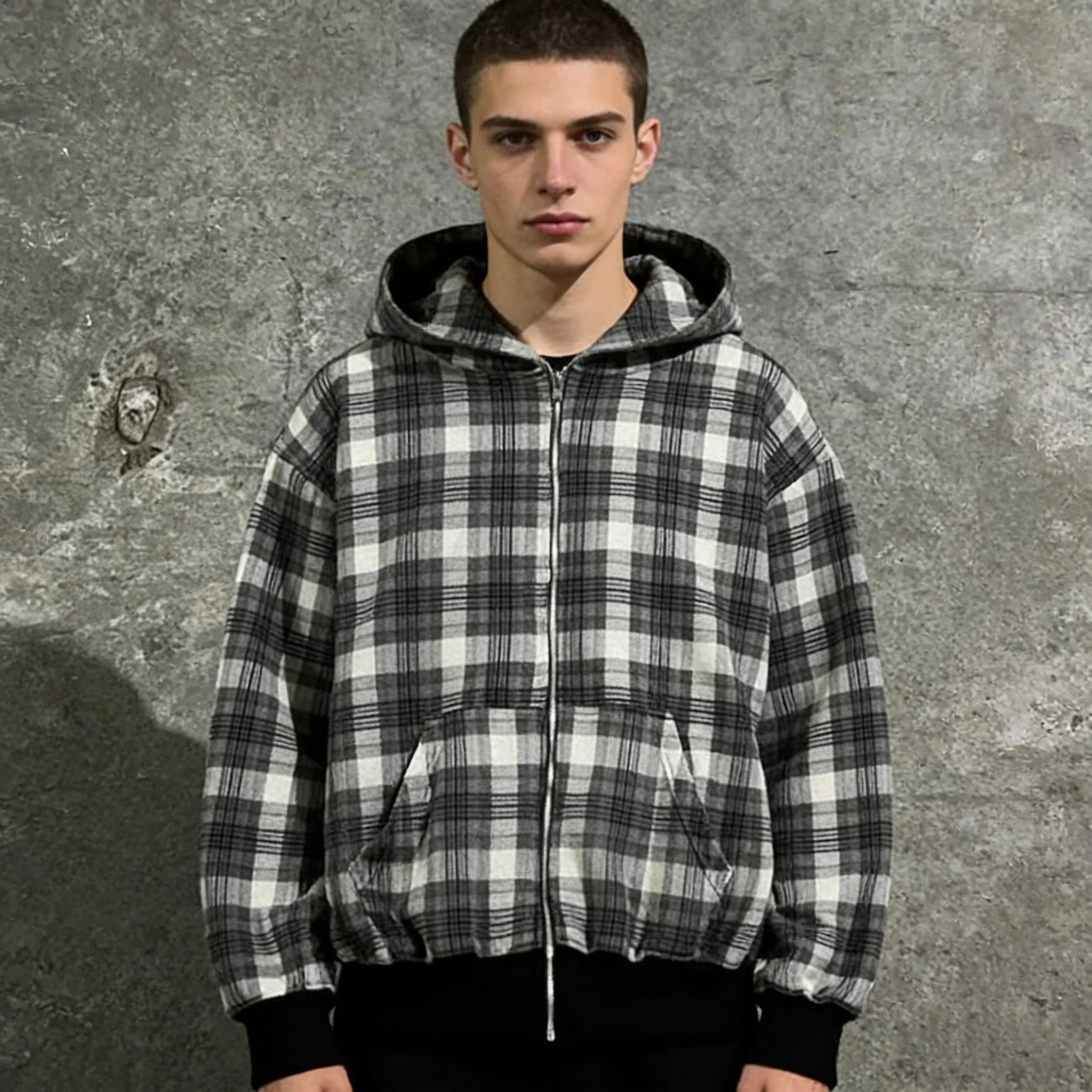 

2026 New Autumn/Winter Street Trend European and American Long Fashion Loose Solid Color Checkered Hoodie Hoodie