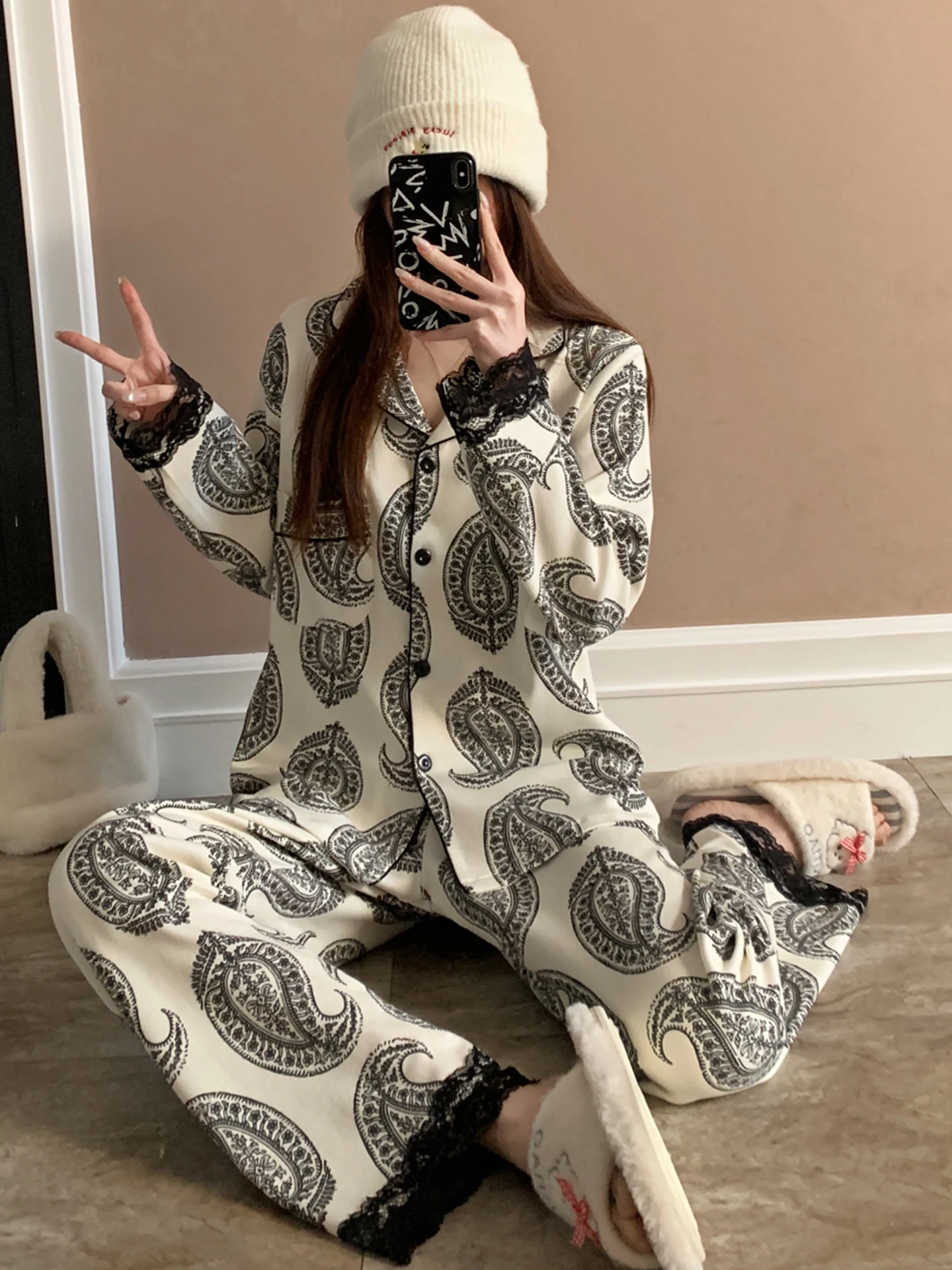 

Новинка 2026: Женский домашний комплект для сна с длинным рукавом, узором «Миндальный цветок», в стиле кардигана, из мягкого хлопкового фланеля, коллекция Весна-Осень