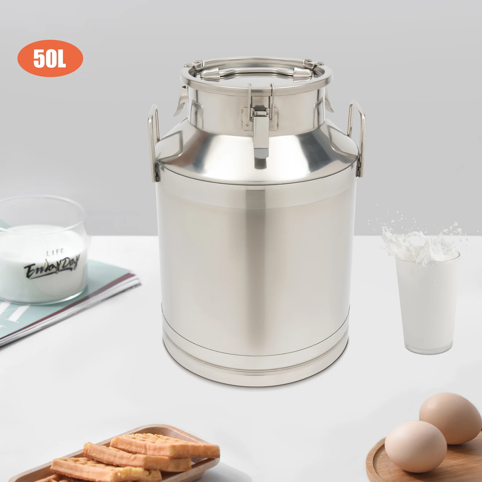 

50L Stainless Steel Milk Can Dustproof Leak-proof Wine Bucket with Handle for Bar