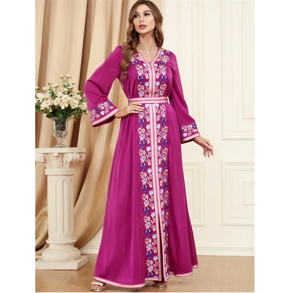 Elegant Floral Embroidery Long Dress Muslim Party Evening Jalabiya Abayas Caftan Women Dubai Autumn V-neck Dress Islamic Clothes