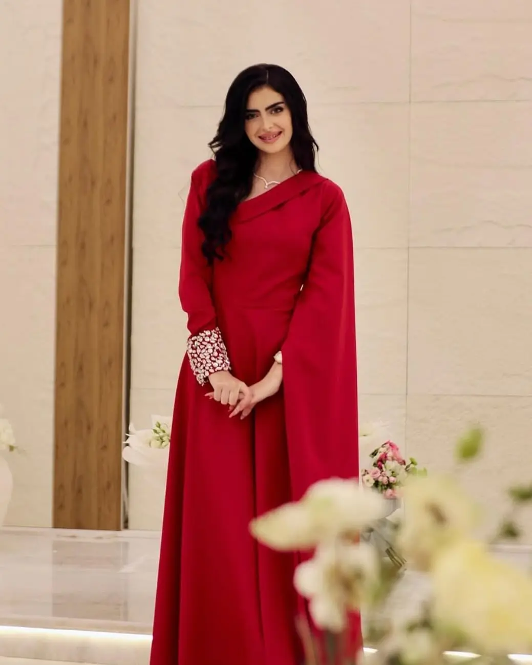 

Customized Long Sleeves Prom Dresses Ankle Length Pleated Beadings Party Gowns Evening Dresses