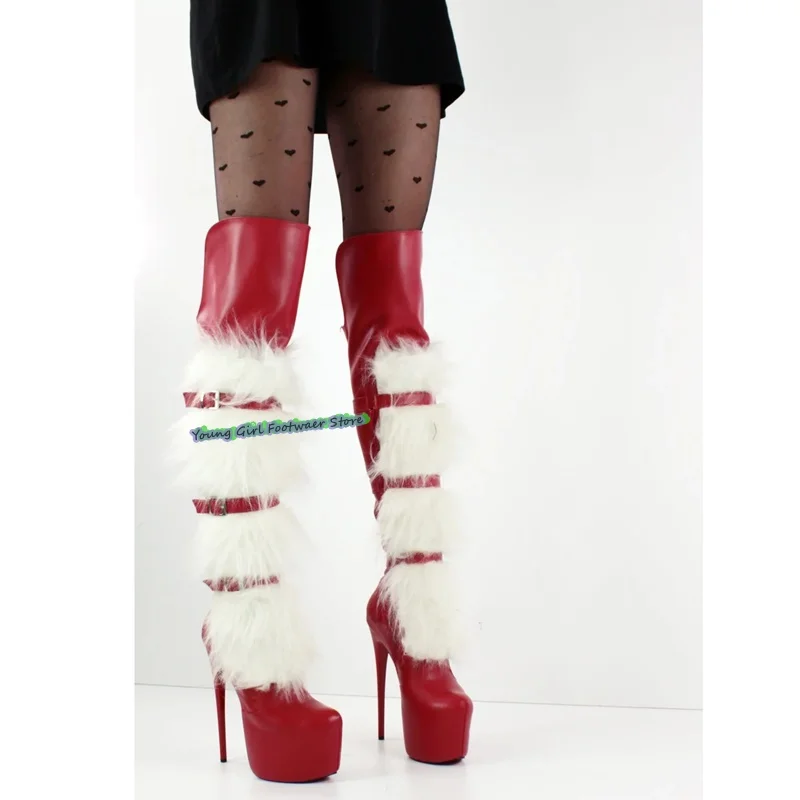 Christmas Party White Plush High-Heeled Women's Boots Belt Buckle Decorate Runway Style Boots  15 Cm Red High Heels