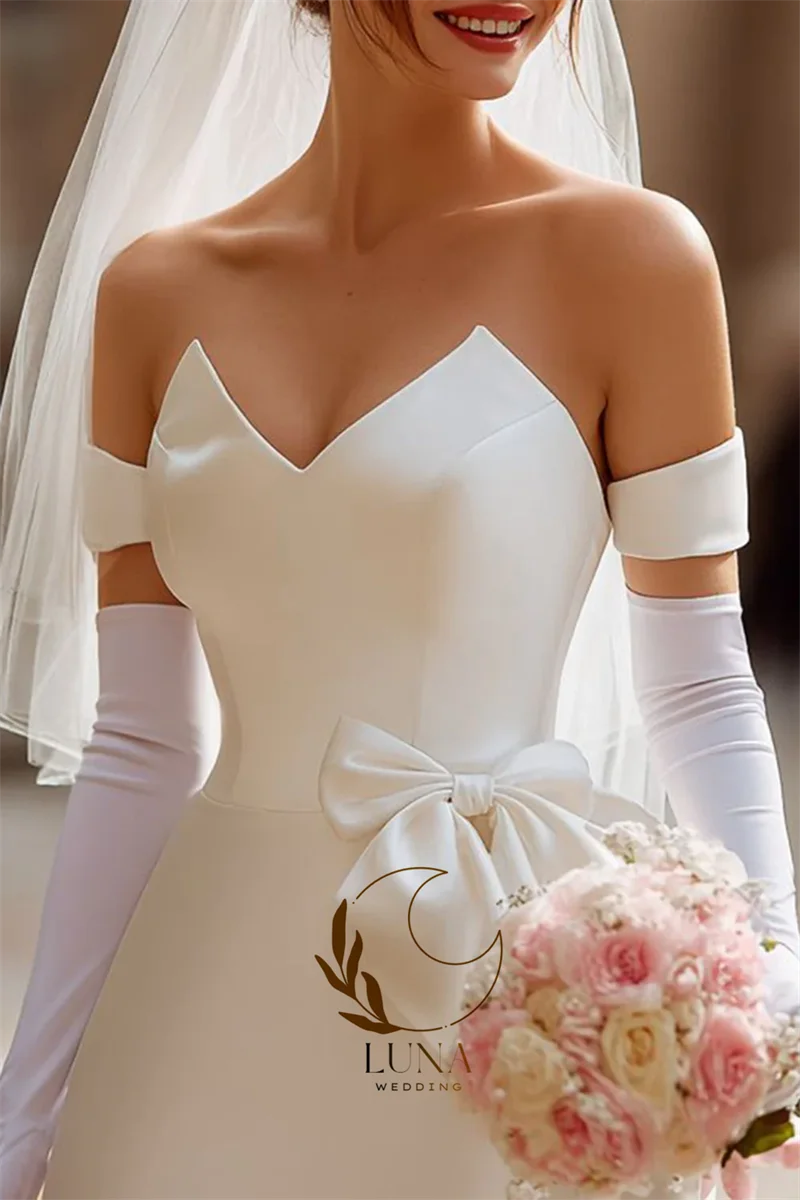 Luna Customized Romantic Mini Wedding Dresses with Bow 2026 Satin Off the Shoulder Short Bridal Party Civil Wedding Prom Gown