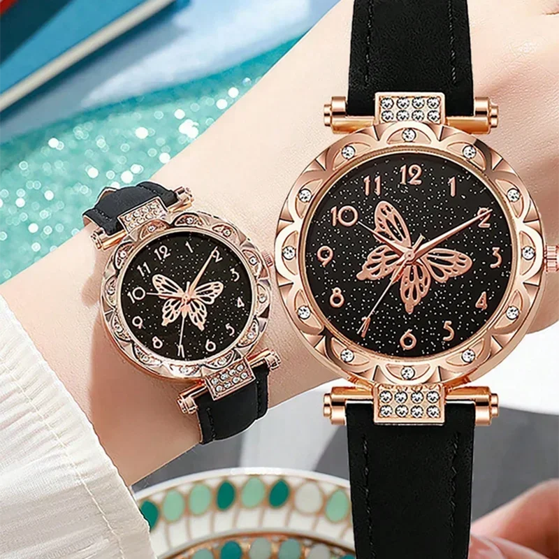 

Круглые кварцевые часы в форме бабочки со стразами — стильный ремешок из искусственной кожи, циферблат со стрелками из цинкового сплава