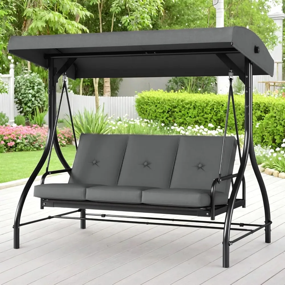 

3-Seat Patio Swing with Adjustable Canopy & Backrest, Outdoor Porch Swing Chair for Adults, Outside Porch Converting Bed