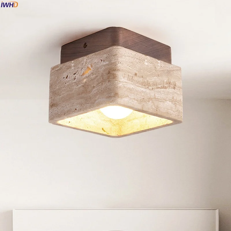 

IWHD Nordic Minimalism LED Ceiling Lamp Yellow Travertine Living Room Kitchen Aisle Interior Lighting Ceiling Light Plafonnier