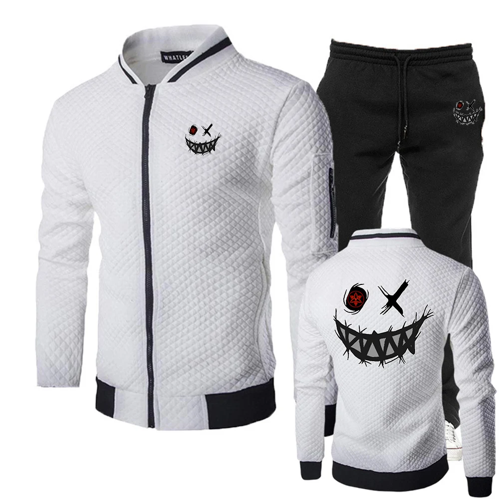 2025 Spring Autumn Devil's face HAHAHA Print Men's New Zipper Round Neck Cardigan Top + Trousers Slim-fit Fitness Suit