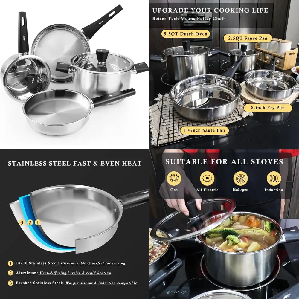 

stainless steel pots and pans set non toxic, 6pcs kitchen cookware sets with stay-cool handles, non-stick, dishwasher safe&com