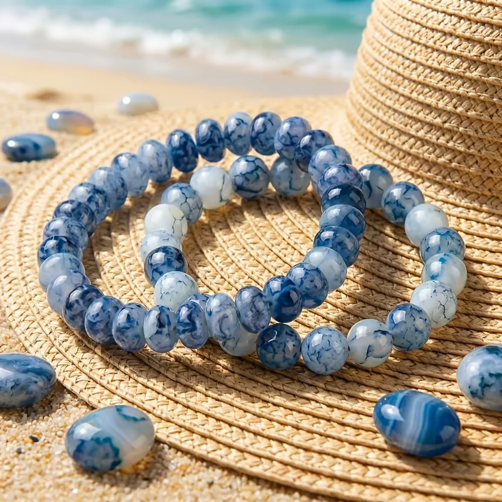 2 Pieces of New Blue-dot White Agate Oval Bead Counting Beads + Blue-dot White Agate Round Bead Bracelet with Elastic Handmade Chain. Suitable for All Occasions. The Best Gift for Your Partner on Valentine's Day, Christmas, or As A Anniversary Gift.