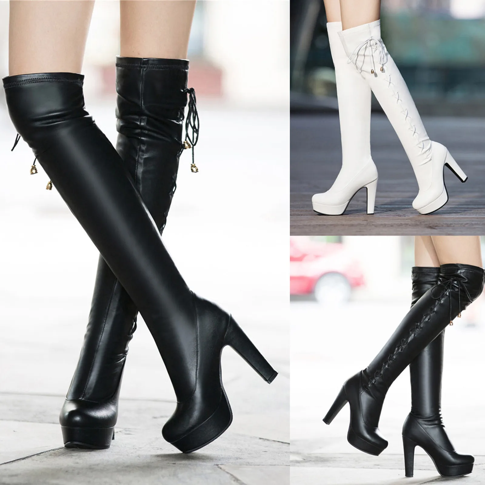 Bottes hautes au genou pour femmes, chaussures à lacets en cuir, chaussures Parker rondes, talon haut, bottes au-dessus du genou, hiver, nouveau, 2023