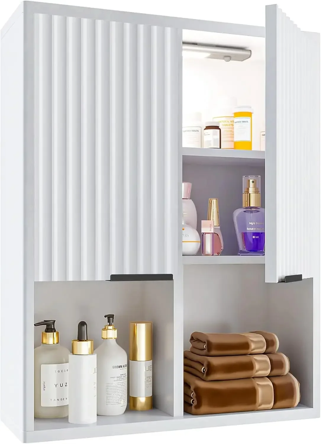 Fluted Bathroom Wall Cabinet  Curved Profile Wooden Medicine Cabinet Wall Mounted Cupboard, Buffering Hinges - Modern White